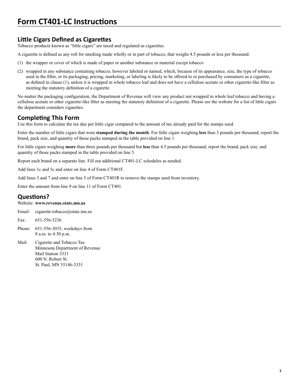 Form CT401-LC Little Cigars Stamped (Periods Prior to Jan. 1, 2023) - Minnesota, Page 2