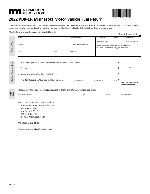 Form PDR-1P 2022 Printable Pdf