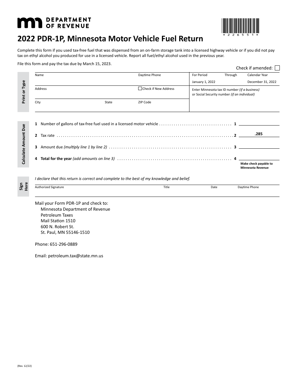 Form PDR-1P Minnesota Motor Vehicle Fuel Return - Minnesota, Page 1