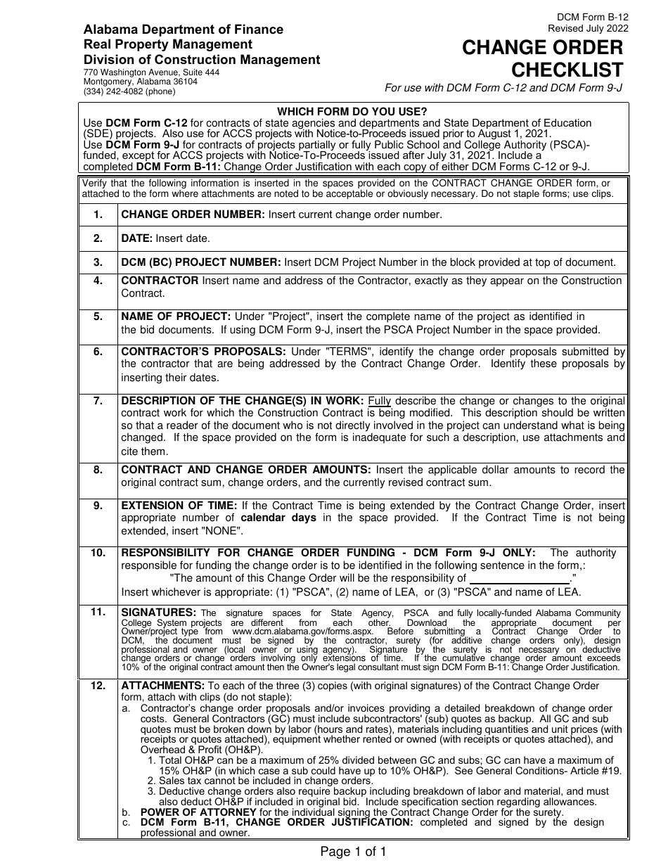 DCM Form B-12 Change Order Checklist - Alabama, Page 1