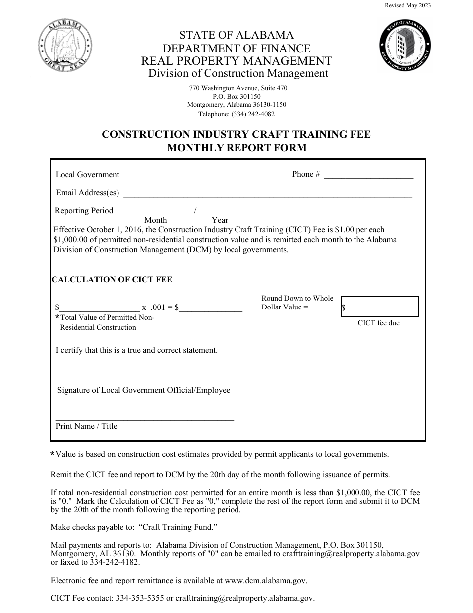 Construction Industry Craft Training Fee Monthly Report Form - Alabama, Page 1