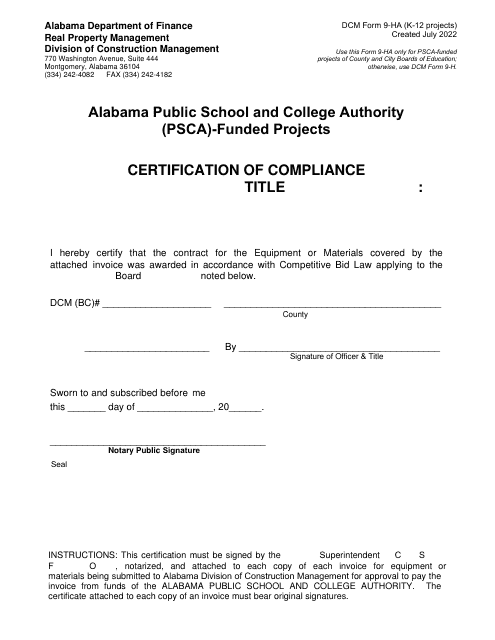 DCM Form 9-HA Certification of Compliance - Administrative Code Title 16, Chapter 13b: Competitive Bidding for Certain Contracts of County and City Boards of Education - Alabama