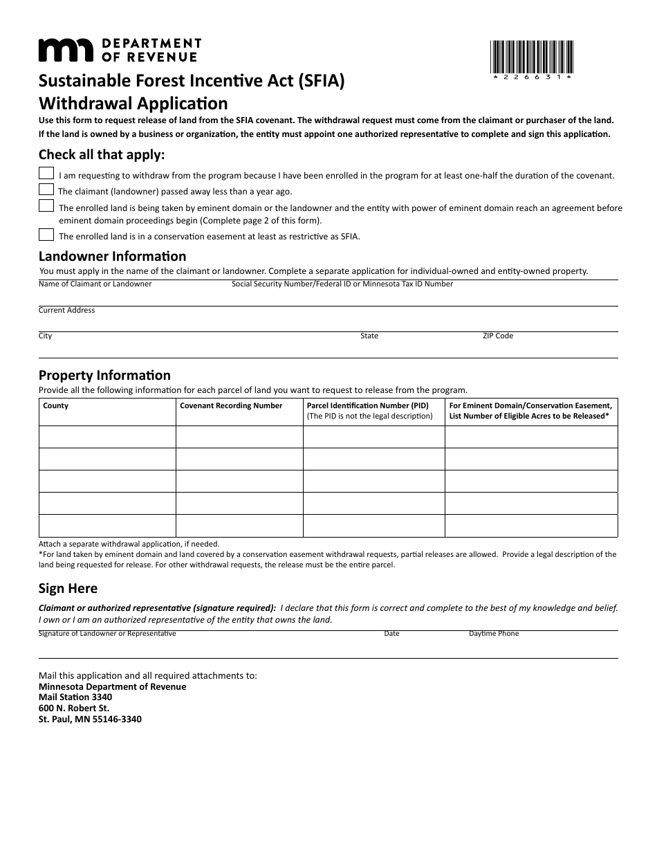 Sustainable Forest Incentive Act (Sfia) Withdrawal Application - Minnesota, Page 1