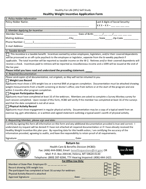 Healthy Weight Incentive Application Form - Montana Download Pdf