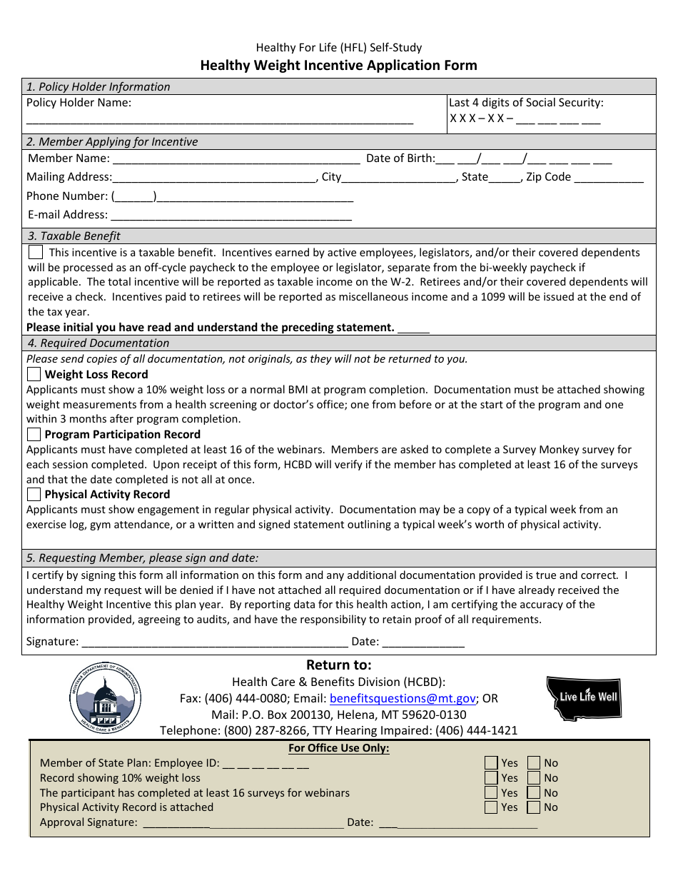 Healthy Weight Incentive Application Form - Montana, Page 1