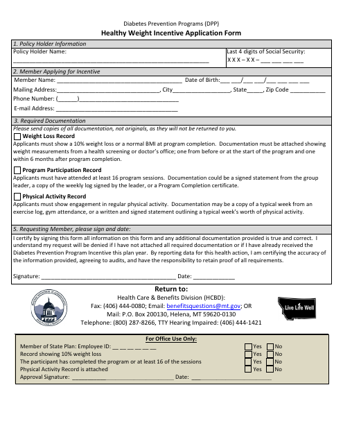 Healthy Weight Incentive Application Form - Diabetes Prevention Programs (Dpp) - Montana Download Pdf