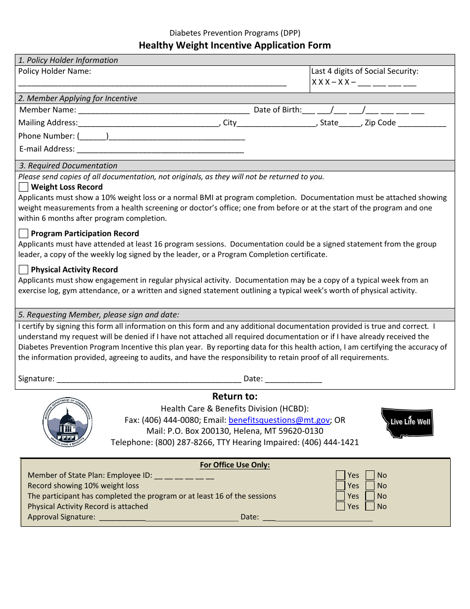 Montana Healthy Weight Incentive Application Form - Diabetes Prevention ...