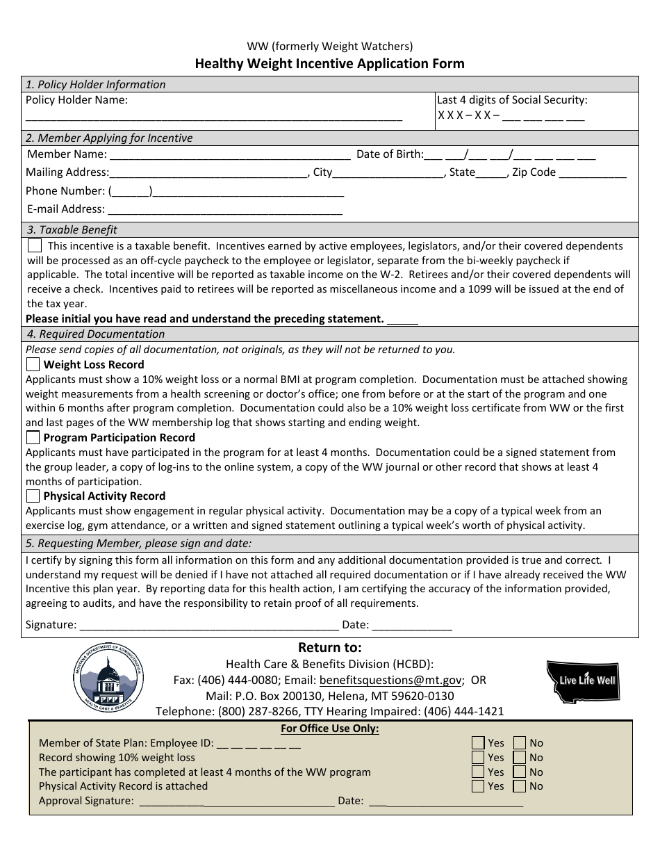 Ww Healthy Weight Incentive Application Form - Montana, Page 1