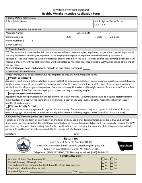 Ww Healthy Weight Incentive Application Form - Montana Download Pdf