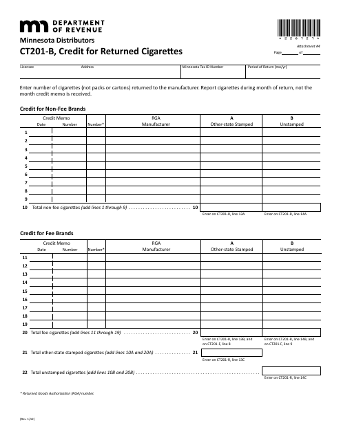 Form CT201-B Credit for Returned Cigarettes - Minnesota