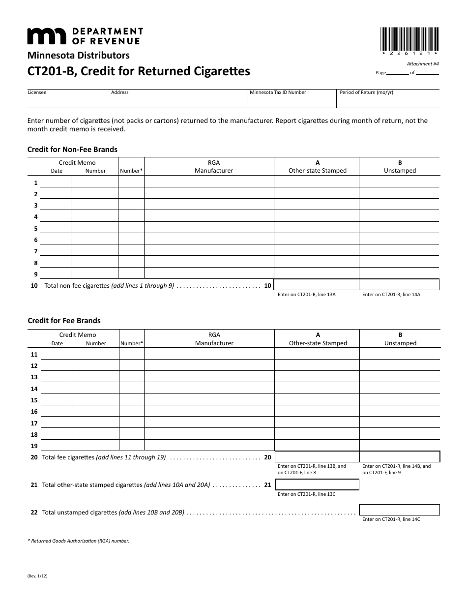 Form CT201-B Credit for Returned Cigarettes - Minnesota, Page 1