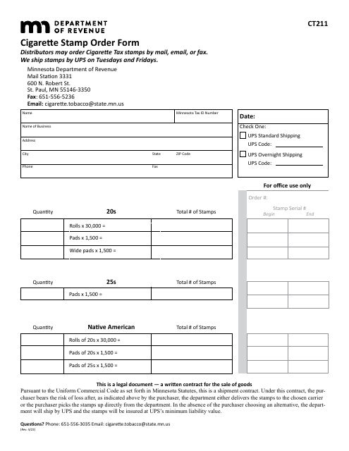 Form CT211 Cigarette Stamp Order Form - Minnesota
