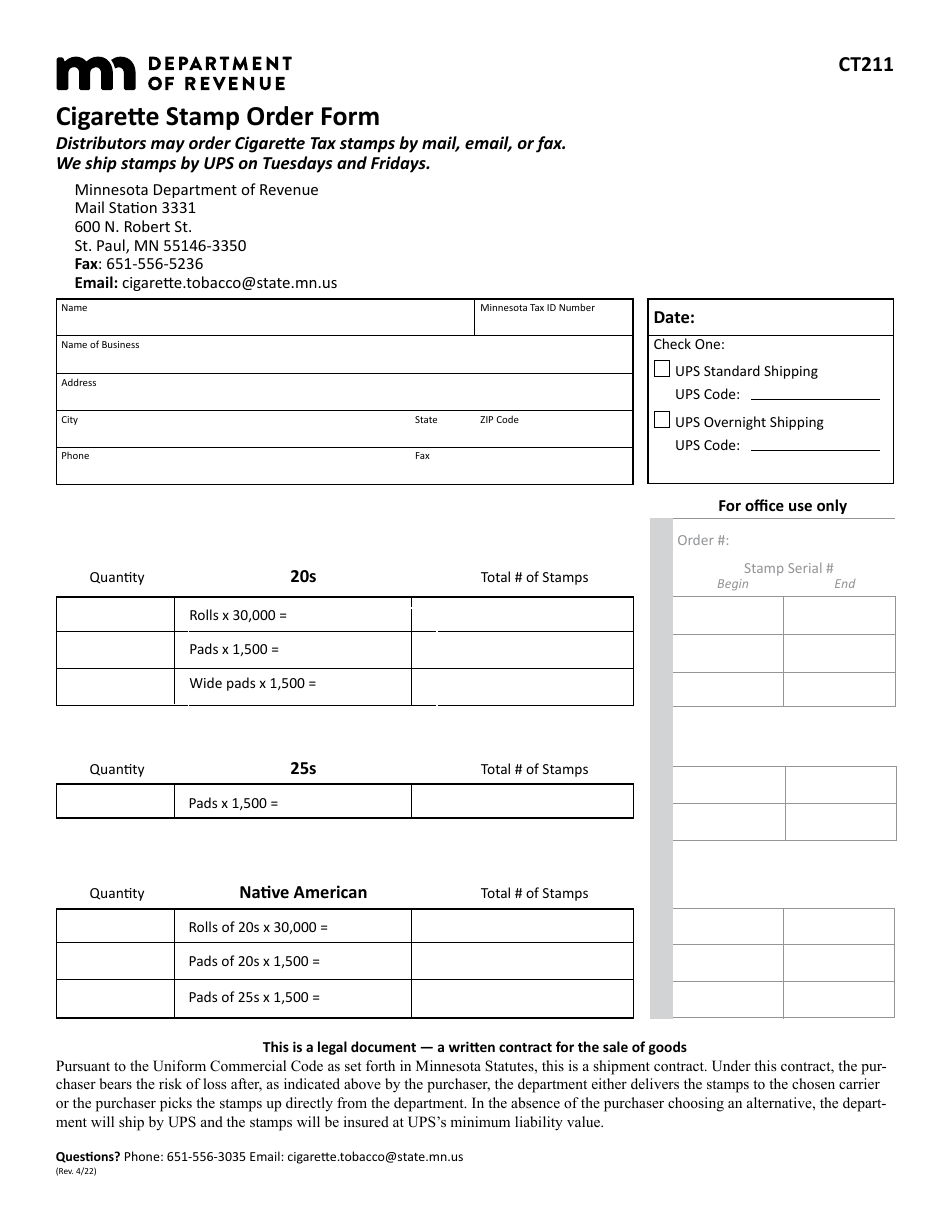 Form CT211 Cigarette Stamp Order Form - Minnesota, Page 1