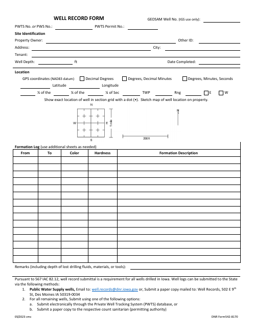 DNR Form 542-8170 Well Record Form - Iowa