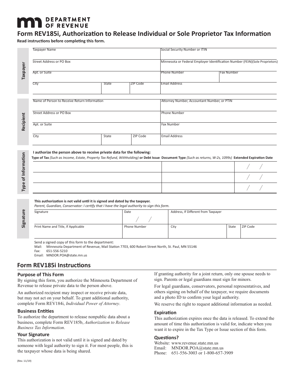 Form REV185I Authorization to Release Individual or Sole Proprietor Tax Information - Minnesota, Page 1
