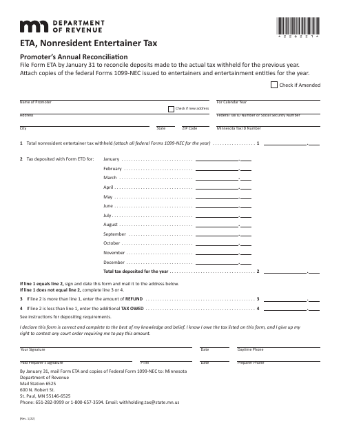 Form ETA Nonresident Entertainer Tax - Minnesota