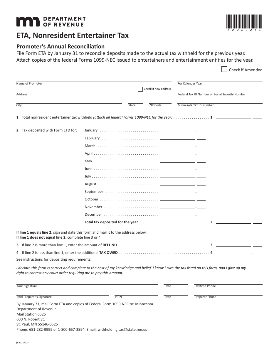 Form ETA Nonresident Entertainer Tax - Minnesota, Page 1
