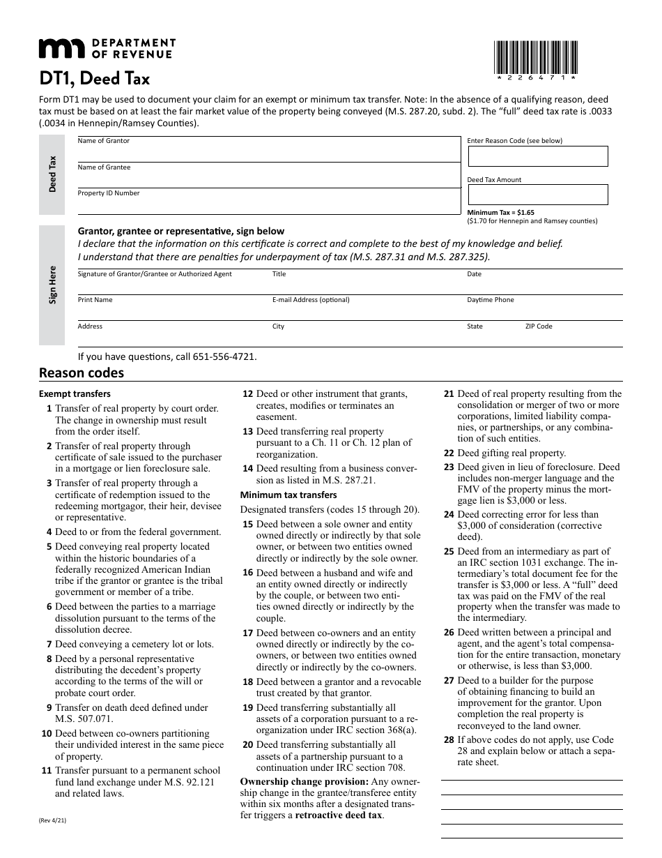 Form DT1 Deed Tax - Minnesota, Page 1