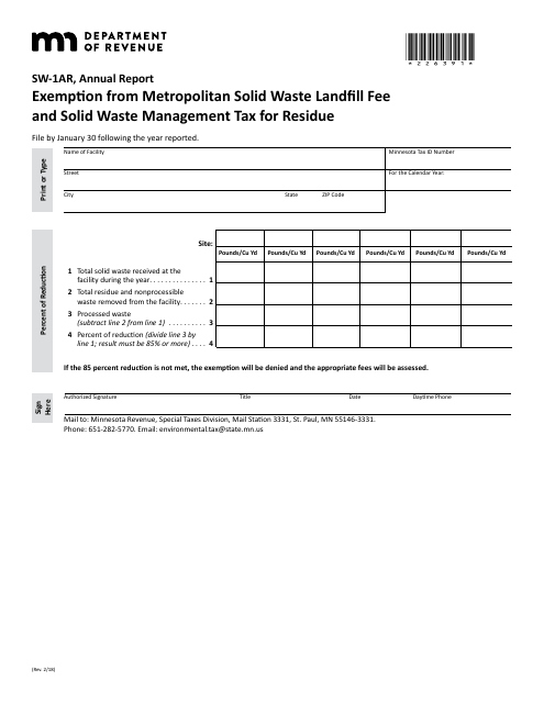 Form SW-1AR Exemption From Metropolitan Solid Waste Landfill Fee and Solid Waste Management Tax for Residue (Annual Report) - Minnesota