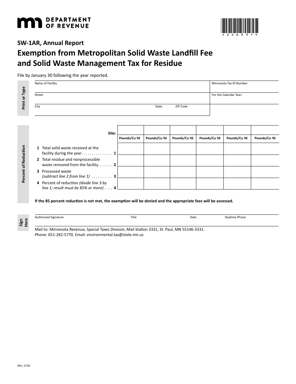Form SW-1AR Exemption From Metropolitan Solid Waste Landfill Fee and Solid Waste Management Tax for Residue (Annual Report) - Minnesota, Page 1