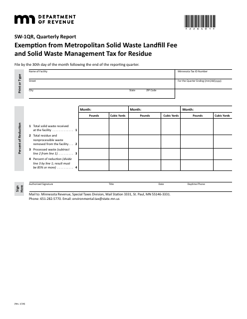 Form SW-1QR Exemption From Metropolitan Solid Waste Landfill Fee and Solid Waste Management Tax for Residue (Quarterly Report) - Minnesota