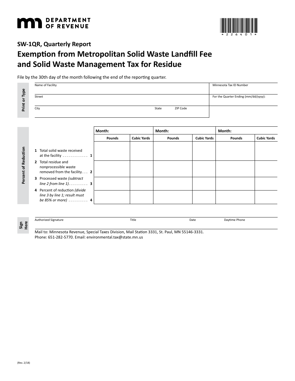 Form SW-1QR Exemption From Metropolitan Solid Waste Landfill Fee and Solid Waste Management Tax for Residue (Quarterly Report) - Minnesota, Page 1