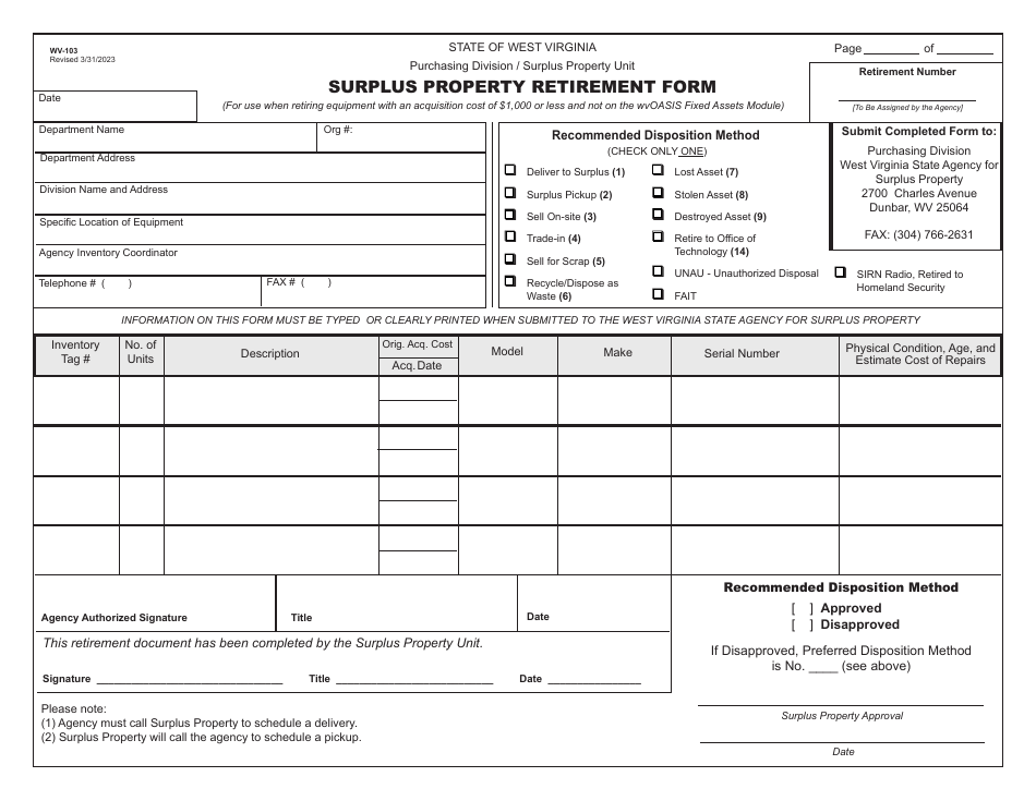 Form WV-103 Surplus Property Retirement Form - West Virginia, Page 1