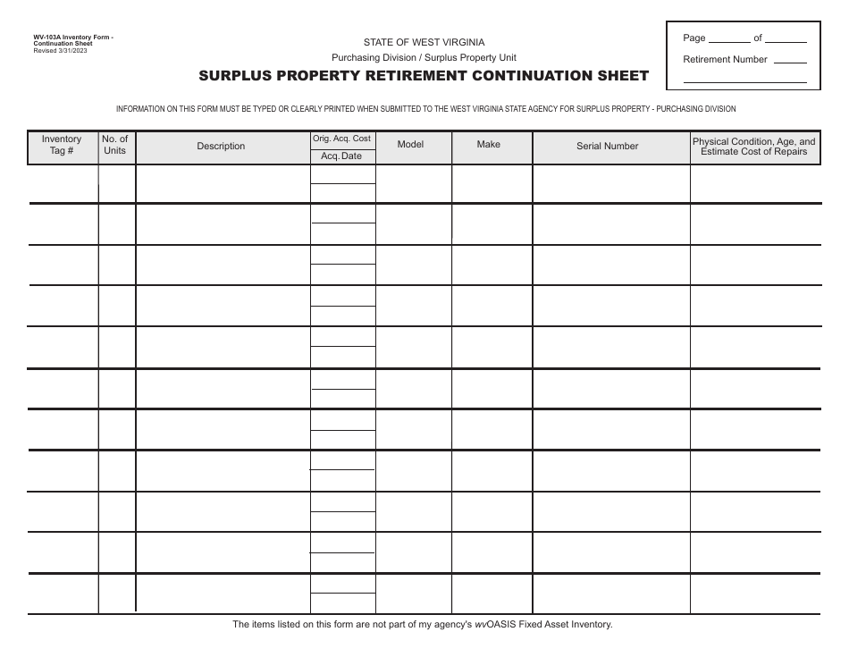 Form WV-103 Surplus Property Retirement Form - West Virginia, Page 3