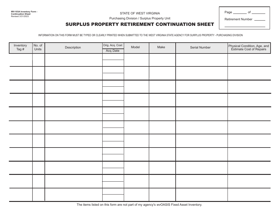 Form WV-103 Surplus Property Retirement Form - West Virginia, Page 5