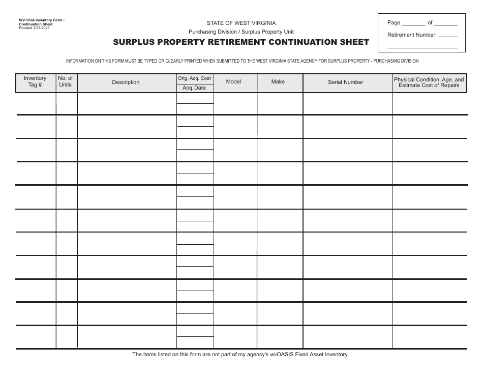 Form WV-103 Surplus Property Retirement Form - West Virginia, Page 6