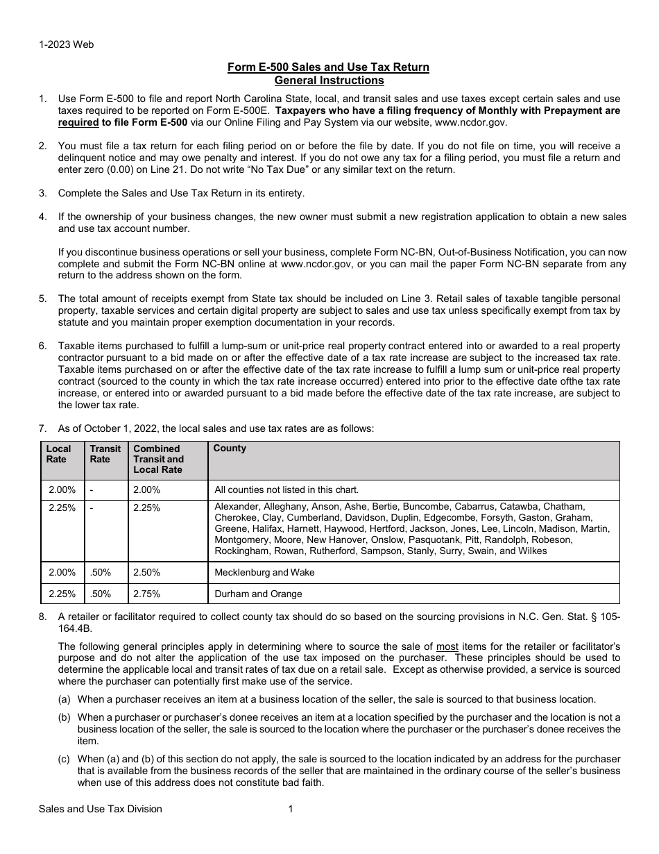 Instructions for Form E-500 Sales and Use Tax Return - North Carolina, Page 1