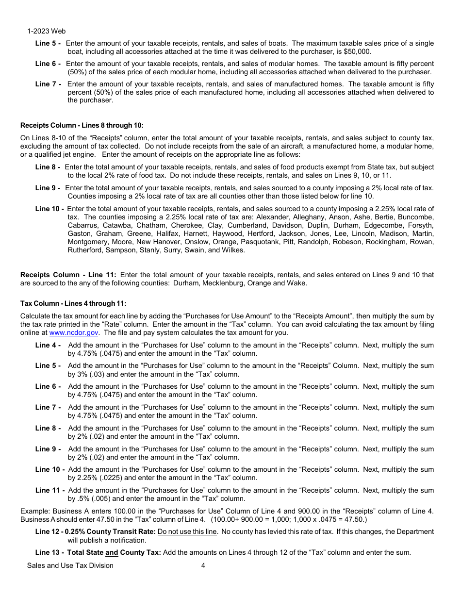 Instructions for Form E-500 Sales and Use Tax Return - North Carolina, Page 4