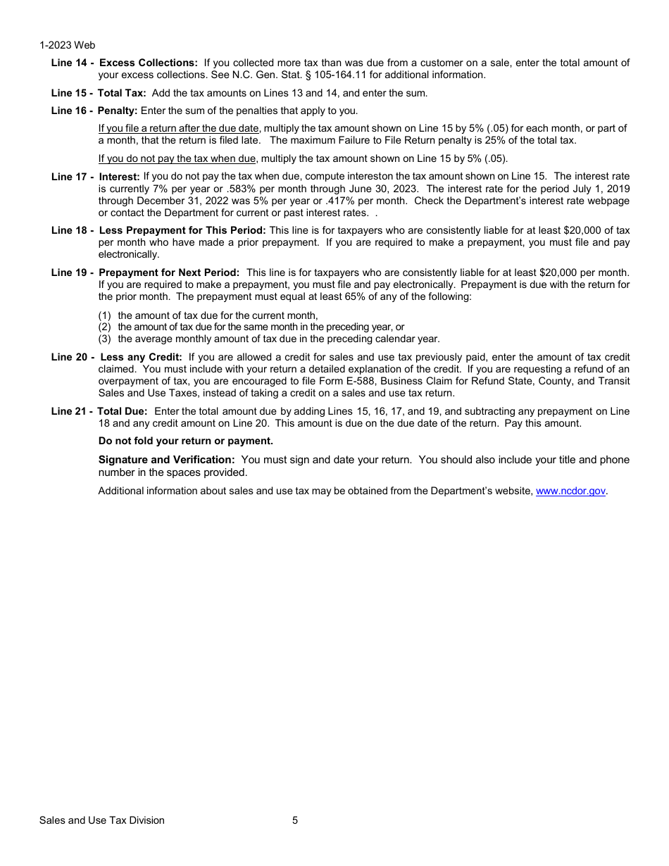 Instructions for Form E-500 Sales and Use Tax Return - North Carolina, Page 5