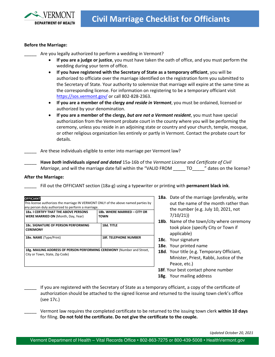 Civil Marriage Checklist for Officiants - Vermont, Page 1