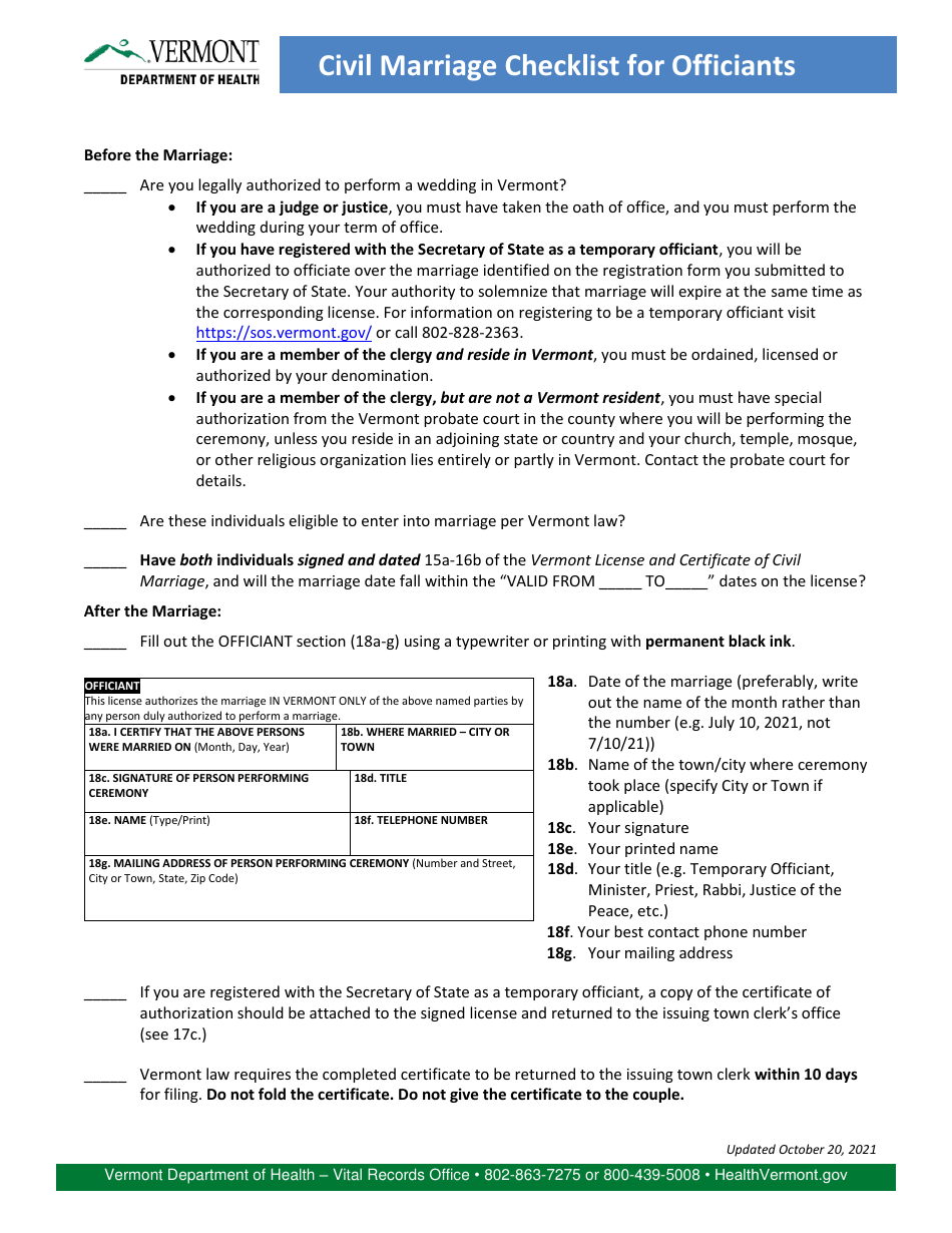 Vermont Civil Marriage Checklist For Officiants Download Printable PDF 
