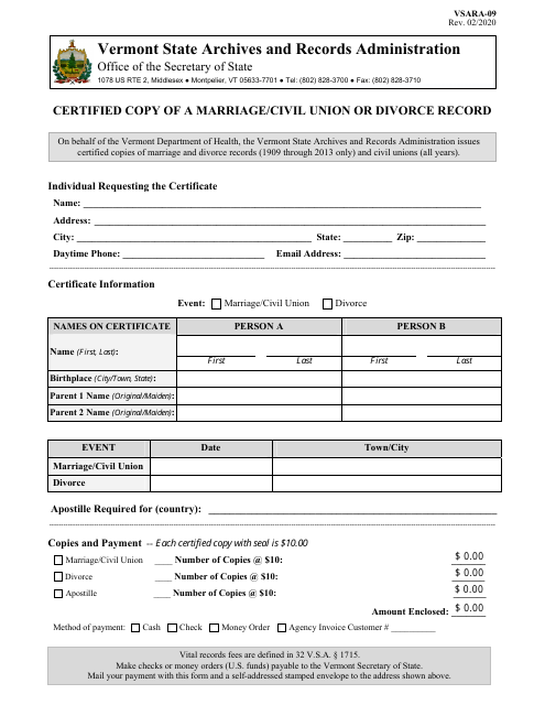 Form VSARA-09 Certified Copy of a Marriage/Civil Union or Divorce Record - Vermont