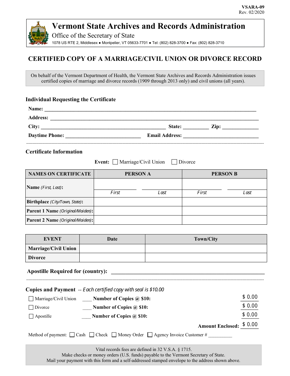 Form VSARA09 Download Fillable PDF or Fill Online Certified Copy of a