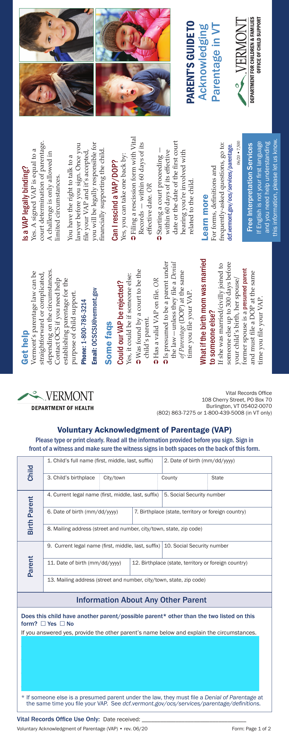 Vermont Voluntary Acknowledgment of Parentage (Vap) - Fill Out, Sign ...