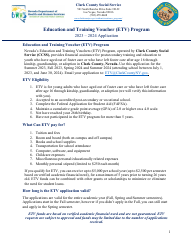 Document preview: Education and Training Voucher (Etv) Program Application - Clark County - Nevada, 2024