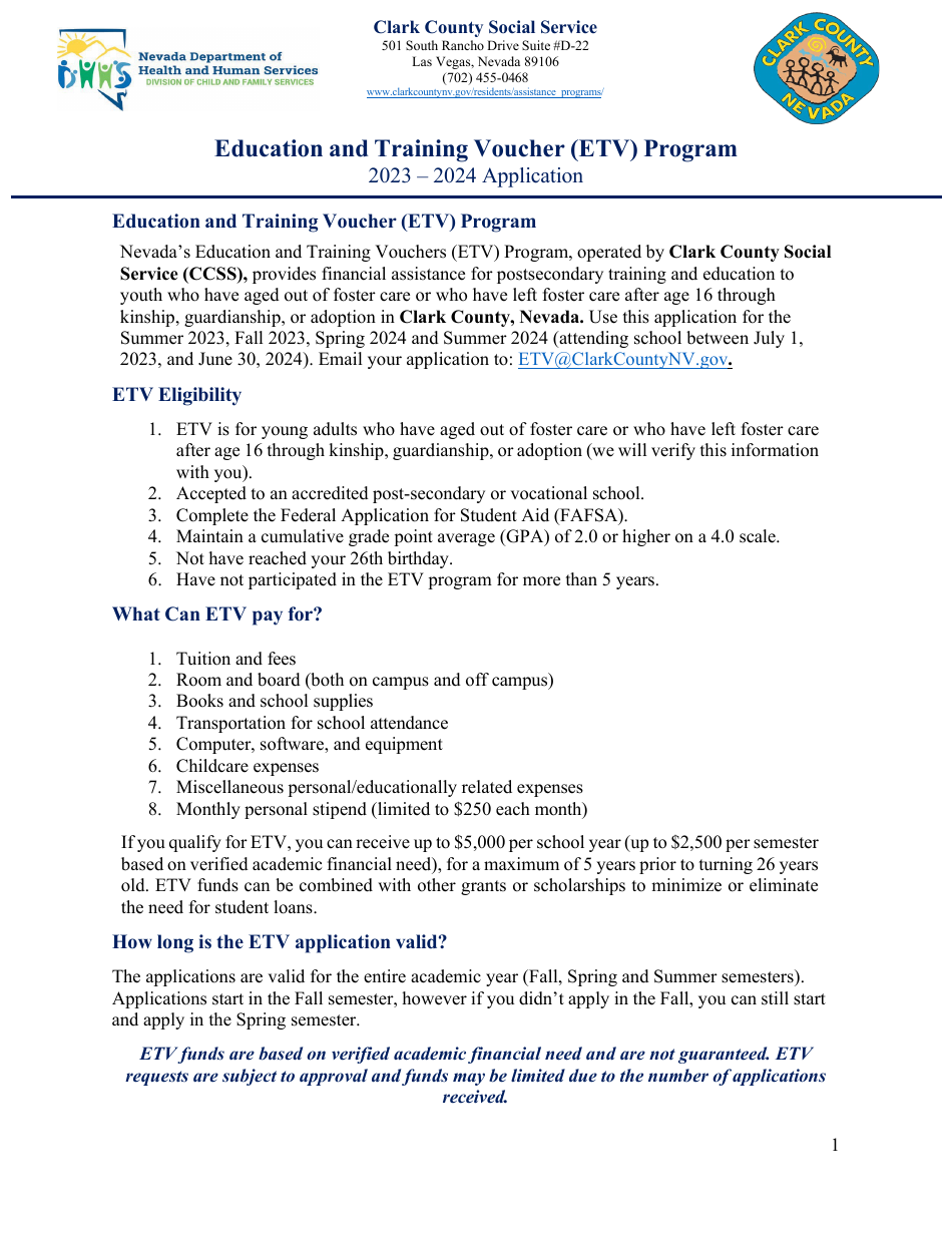 Education and Training Voucher (Etv) Program Application - Clark County - Nevada, Page 1