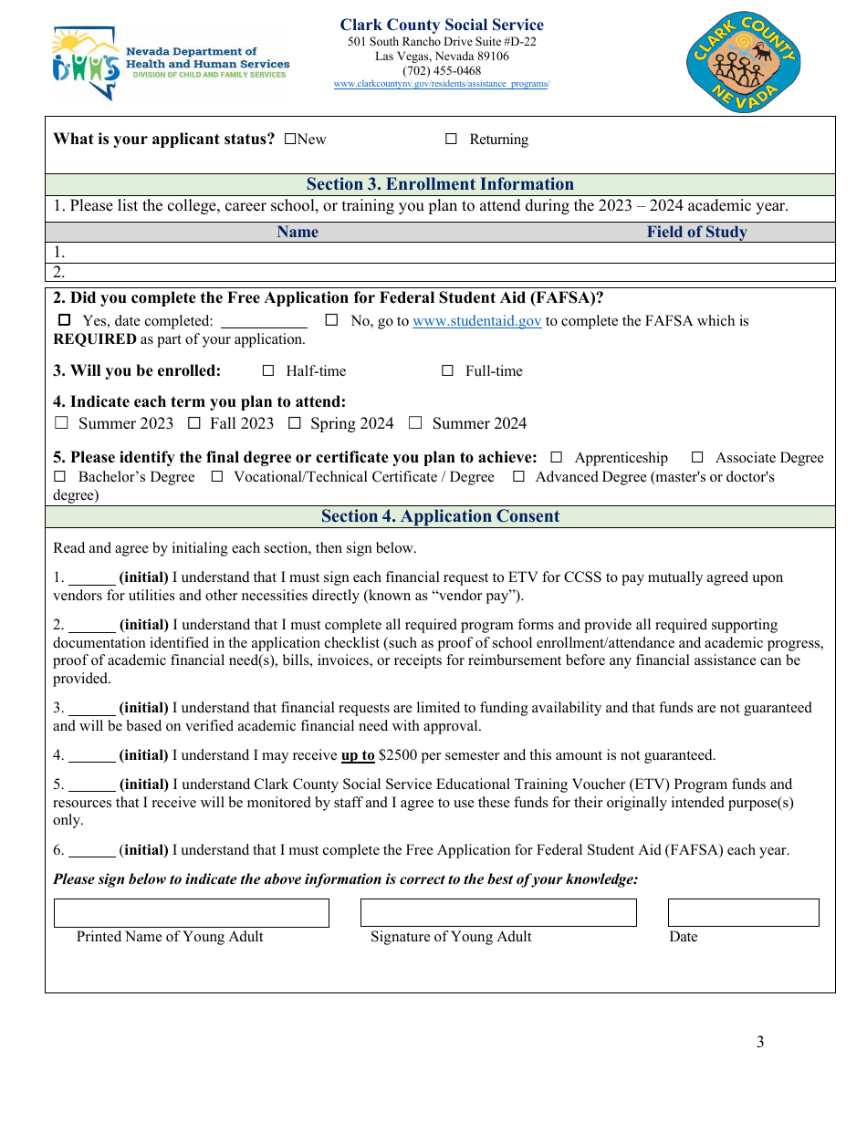 Education and Training Voucher (Etv) Program Application - Clark County - Nevada, Page 3