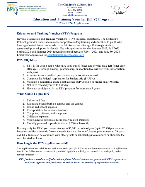 Education and Training Voucher (Etv) Program Application - Children's Cabinet - Nevada, 2024