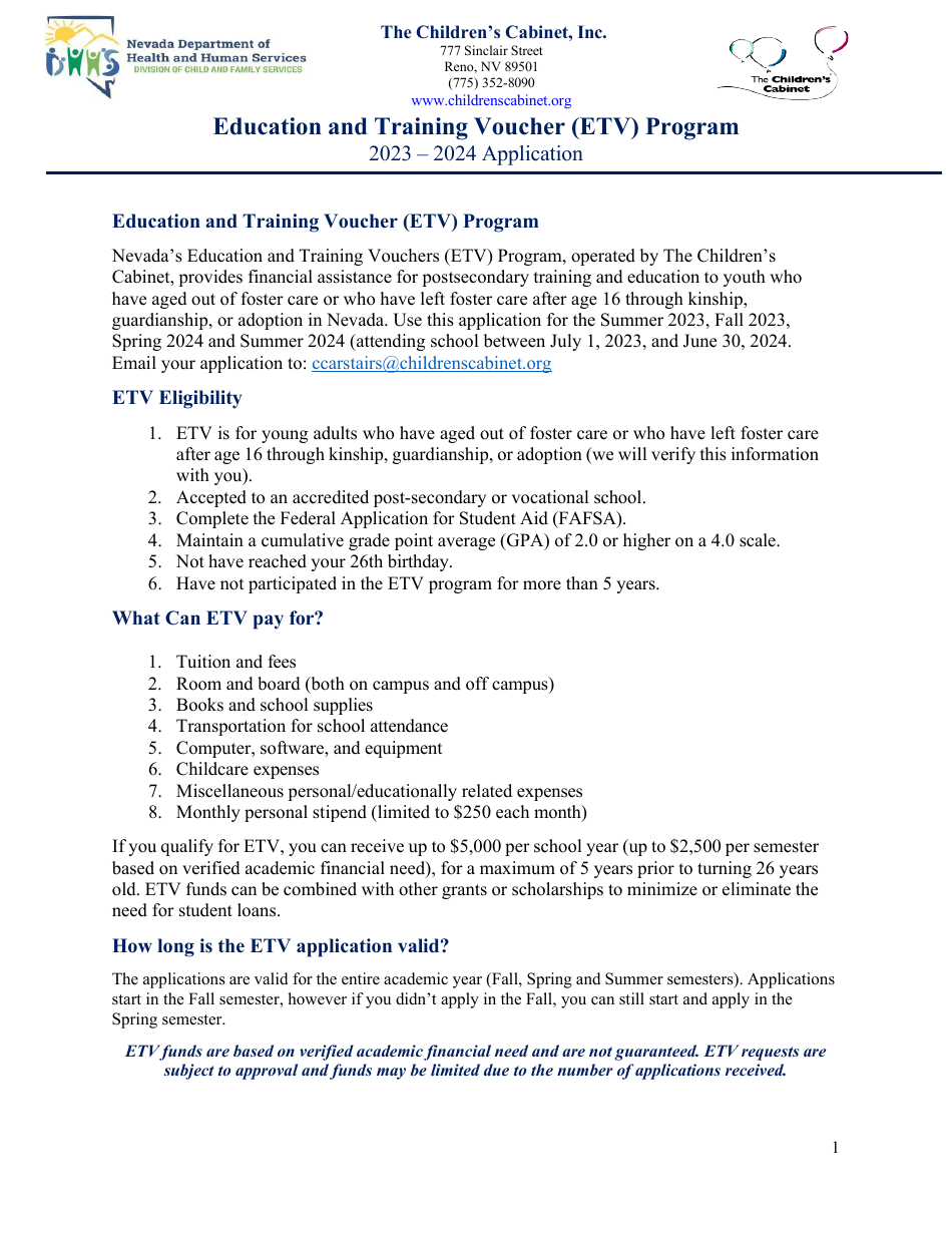 Education and Training Voucher (Etv) Program Application - Childrens Cabinet - Nevada, Page 1