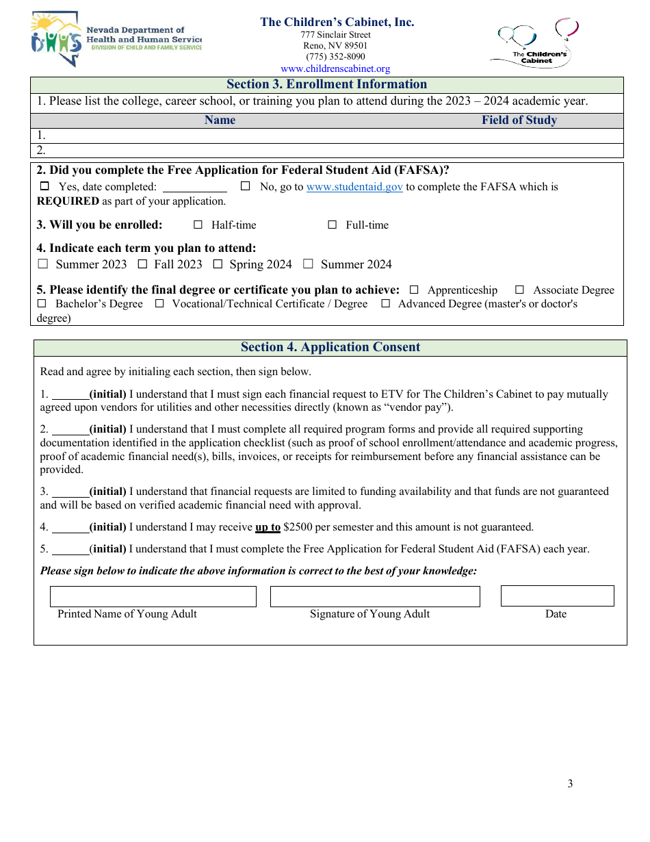 Education and Training Voucher (Etv) Program Application - Childrens Cabinet - Nevada, Page 3