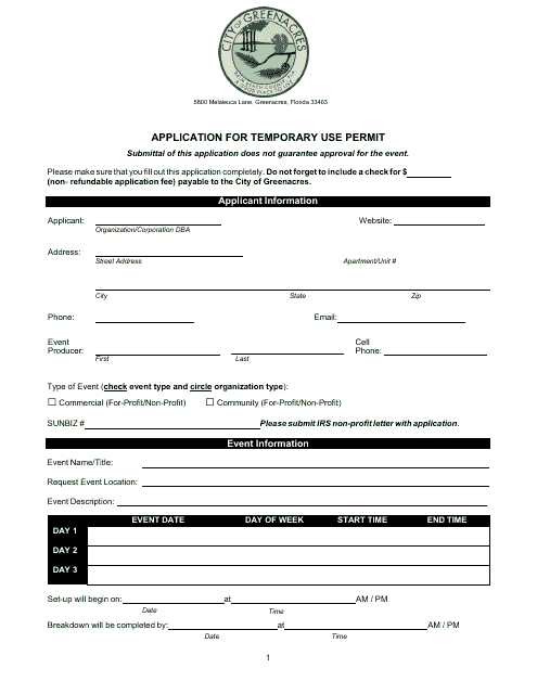Application for Temporary Use Permit - City of Greenacres, Florida Download Pdf
