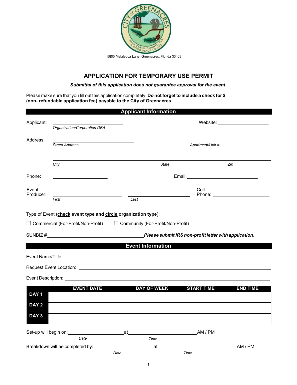 Application for Temporary Use Permit - City of Greenacres, Florida, Page 1