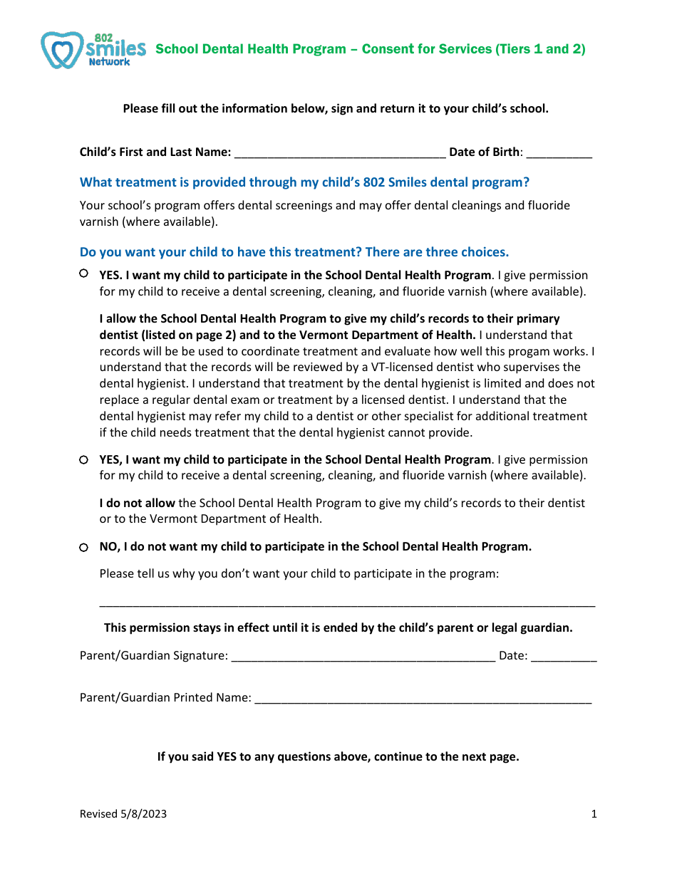 Consent for Services (Tiers 1 and 2) - School Dental Health Program - Vermont, Page 1