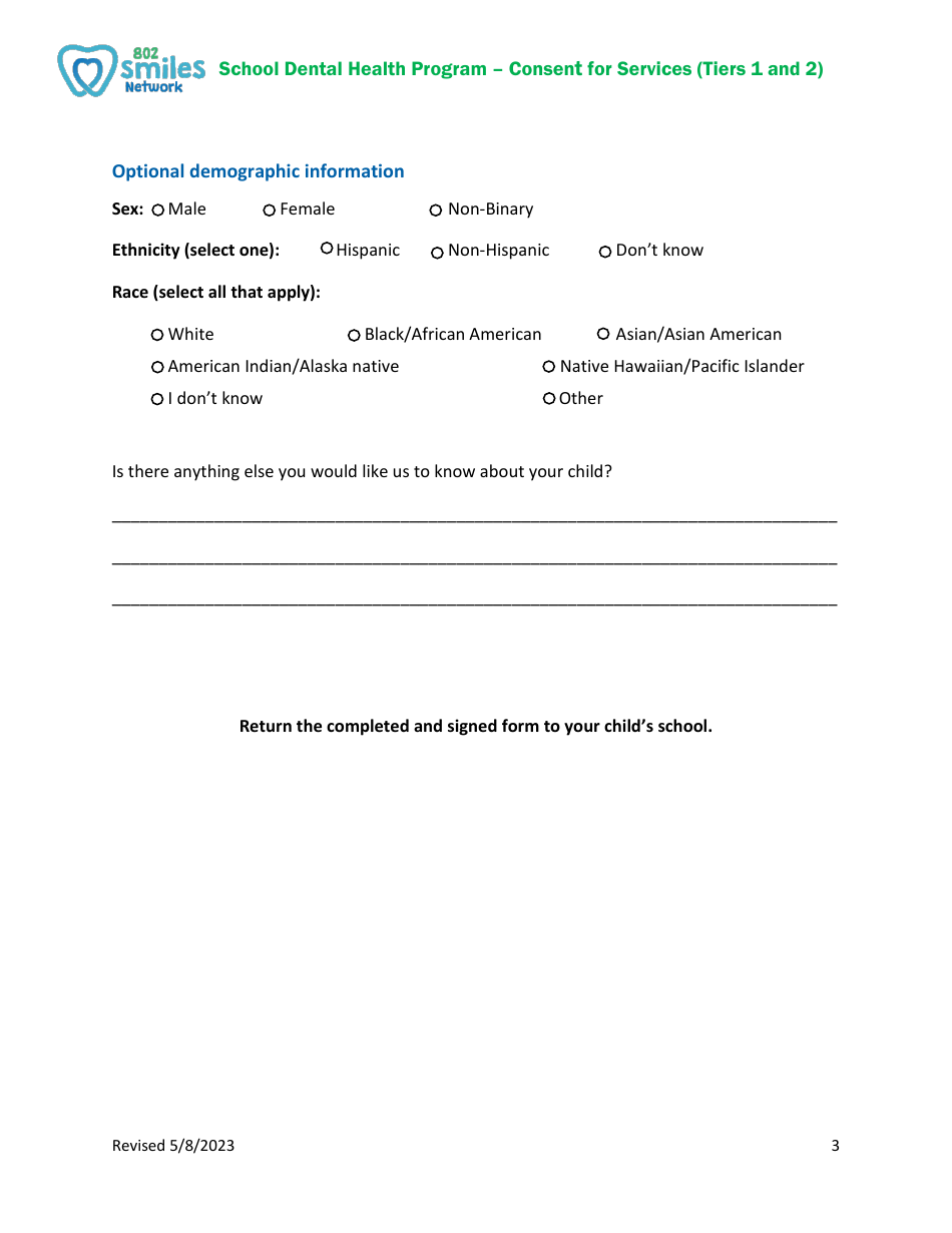 Consent for Services (Tiers 1 and 2) - School Dental Health Program - Vermont, Page 3