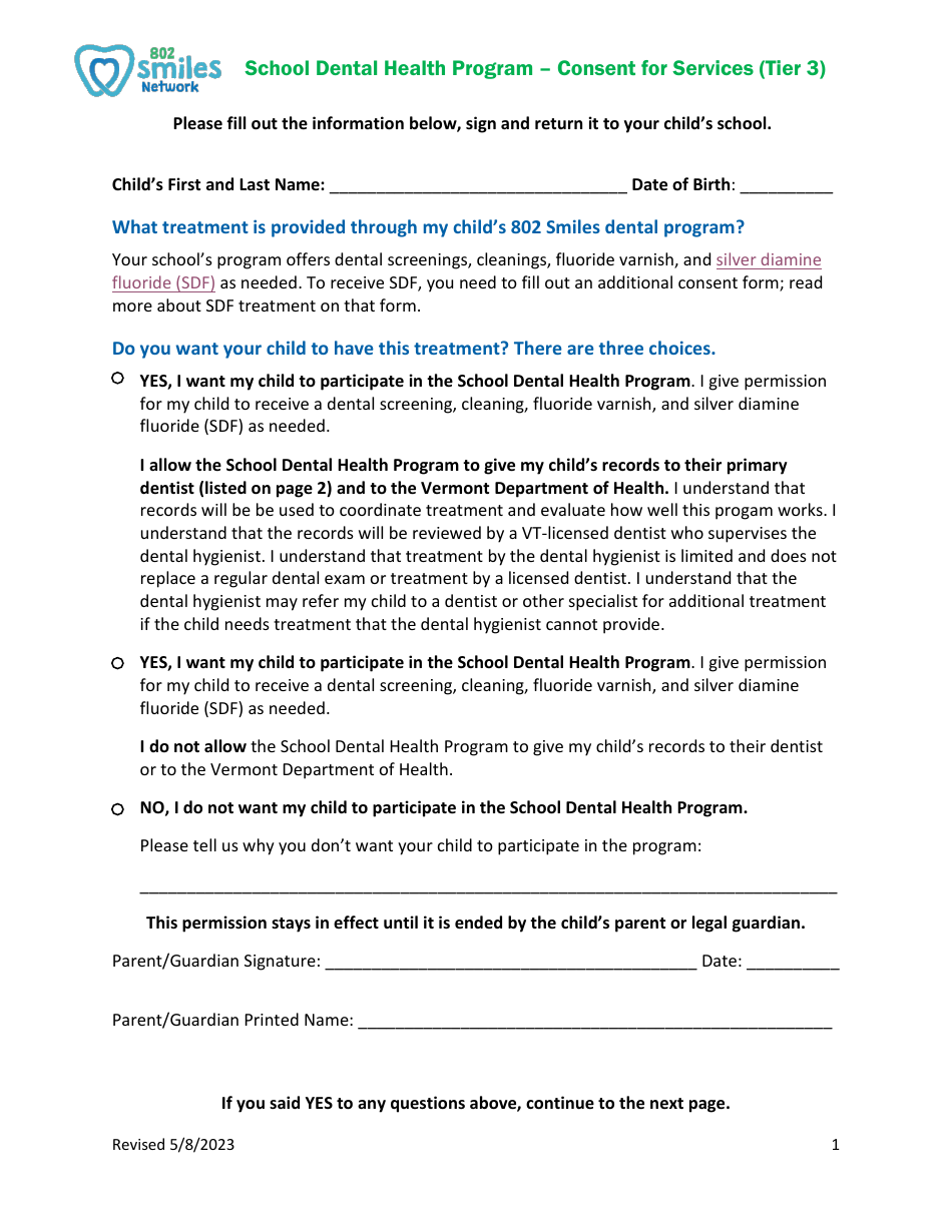Consent for Services (Tier 3) - School Dental Health Program - Vermont, Page 1