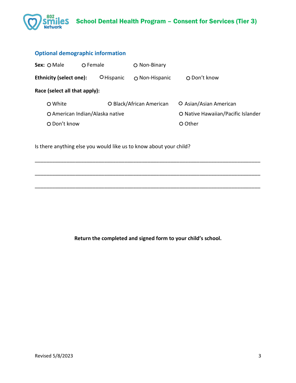 Consent for Services (Tier 3) - School Dental Health Program - Vermont, Page 3